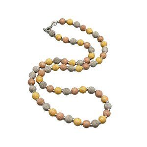 Tri Color Gold Over Sterling Silver Necklace Beaded Textured Silver 925 Classic